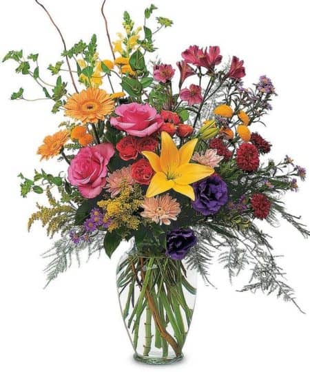 With this rather exceptional arrangement of bright red, yellow and purple flowers, you can show that special someone just how much they really count. Alstroemeria, chrysanthemums, roses, gerberas, and snapdragons are delivered in a stylish glass vase.