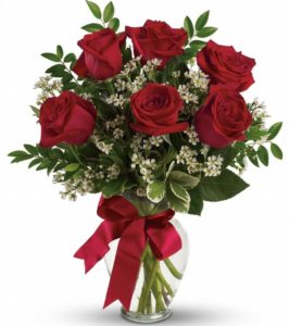  sensational bouquet of six red roses in vase with green accents