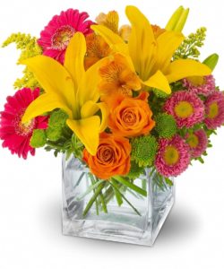 Make a big splash with a pop art mix of yellow lilies, set against a jumble of hot pink, orange and green flowers and presented in a modern glass cube vase! This vivid bouquet will bring warm-weather fun to someone’s day. *Arrangements vary with the freshest of the day.